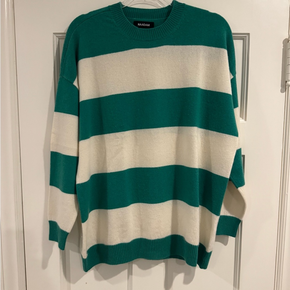 NAADAM Teal and Cream Striped Men's Sweater